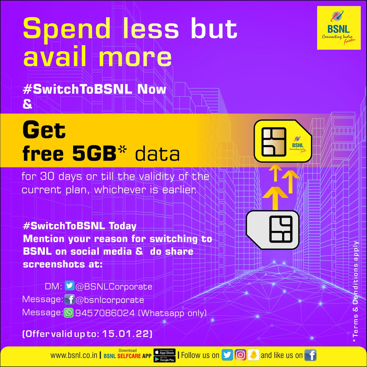 Spend less and get more, #SwitchToBSNL today.
#BSNL #Offer
T&amp;C: bit.ly/3F5JKVX