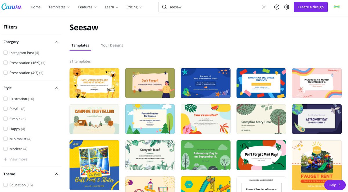 🥳  <a href="/canva/">Canva</a> has designed creative templates for educators using Seesaw!   

Access them free here: bit.ly/SeesawCanva

Use templates for:
💌 Announcements
🗞 Newsletters
🖥 Activities
🌟 And more!

#seesawchat