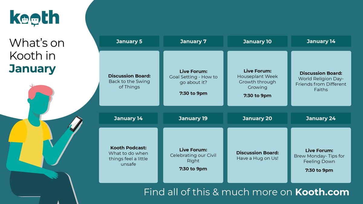 Happy New Year to you all! Please see 'What's on in January' below with dates for all our upcoming live discussions. For more info visit Kooth.com. 
#Kooth #mentalhealthsupport #youngpeople