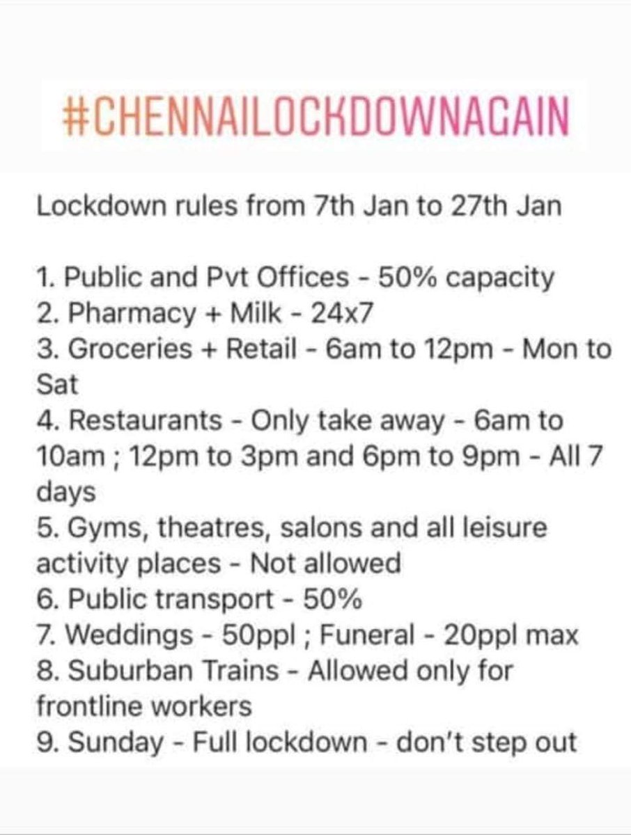 Chennai lock down restrictions 👇 

#COVID19 #OmicronVarient #tamilnadulockdown