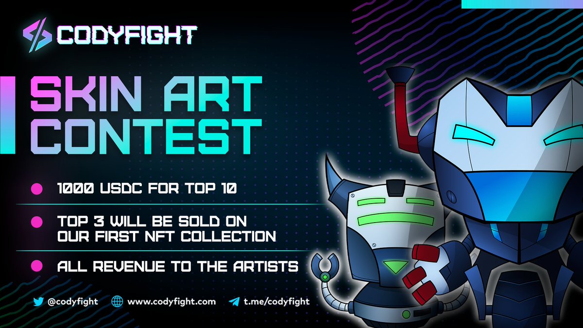 BluewheelC's tweet photo. SKIN ART CONTEST! CODYFIGHT 

Artists, it's your time to shine! Grab your drawing tablets &amp;  create a unique #Codyfighter skin!😍

Compete for the prize pool of 1000 USDC &amp; chance to get featured in the first ever @codyfight NFT collection!

Rules bellow: https://t.co/nuN8WaPKD4 https://t.co/OfqArmK4A8