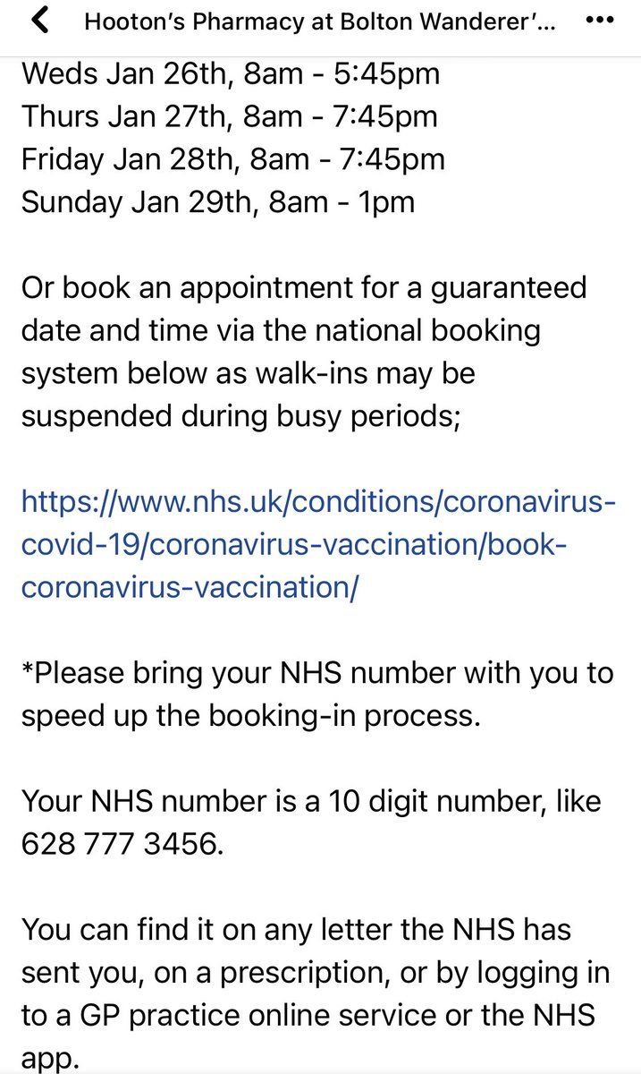 Family COVID-19 vaccination clinic at Hootons <a href="/OfficialBWFC/">Bolton Wanderers</a> Stadium❗ 

Walk-in clinic open to adults and children aged;
• 12+ for first and second dose 
• 16+ for first, second, third dose and/or booster

Opening hours for January below👇

facebook.com/110037648183549

Please RT!
