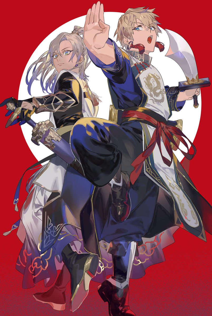 weapon sword blue eyes blonde hair multiple boys holding 2boys  illustration images