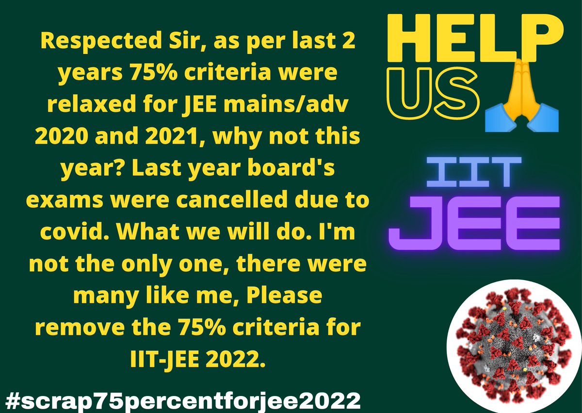 inamu44458920's tweet photo. #Scrap75percentforJee2022 
Sir @dpradhanbjp  remove 75% criteria for jee 2022 dropper student and announced as soon as possible plzz😭😭🙏🏻🙏🏻🙏🏻we are not concentrate on our study 🙏🏻😭 @DG_NTA @EduMinOfIndia @mohittyagi @PMOIndia @mohittyagi @namokaul @iitbombay @nsui @iitbombay https://t.co/ROaegD9fru