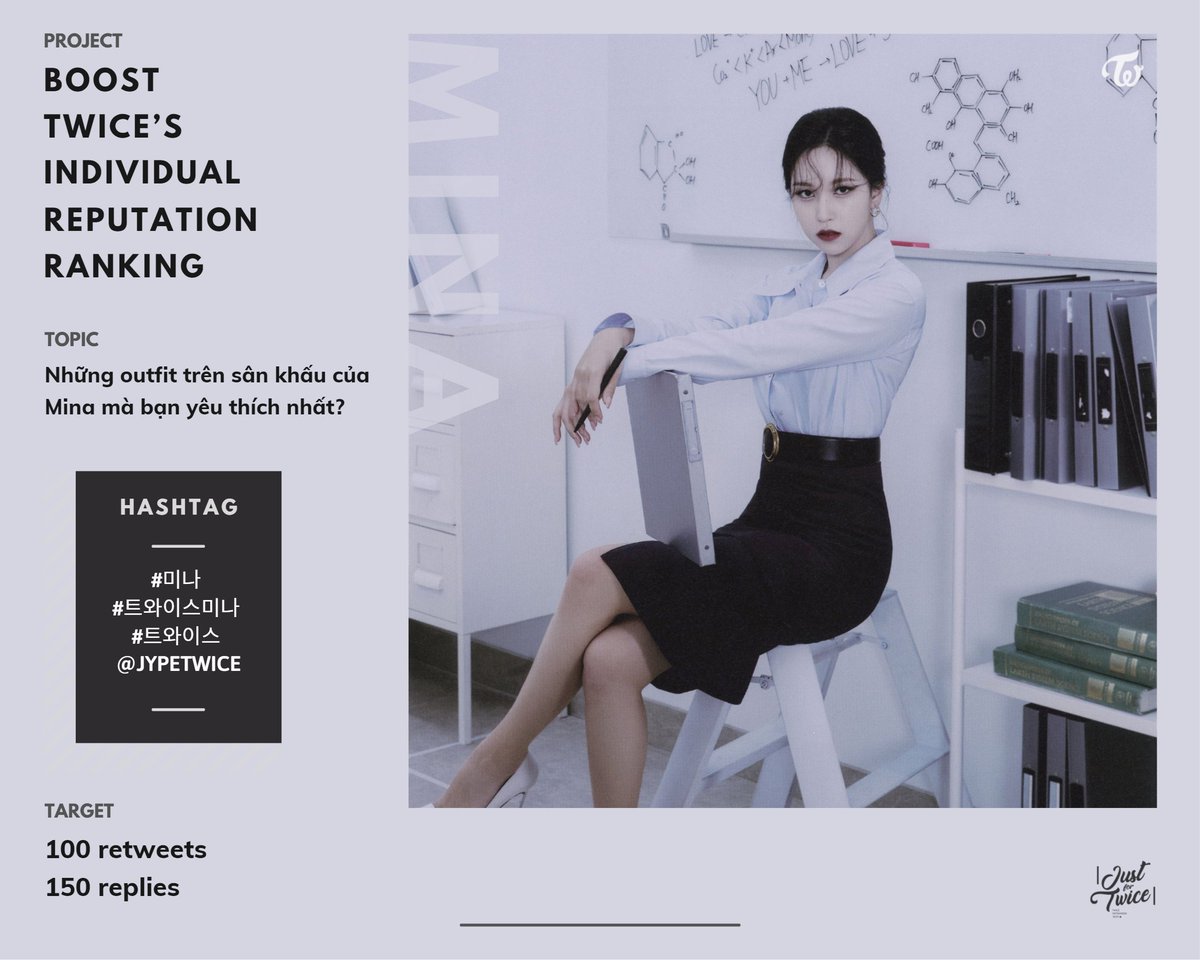 JustForTWICE_VN's tweet photo. PROJECT BRAND REPUTATION: 5

Topic 1: Những outfit trên sân khấu của Mina khiến bạn yêu thích nhất? 

Hashtag: #미나 #트와이스미나 #트와이스 @JYPETWICE

Target: 150 replies, 100 retweets https://t.co/7hfFlHhHyc