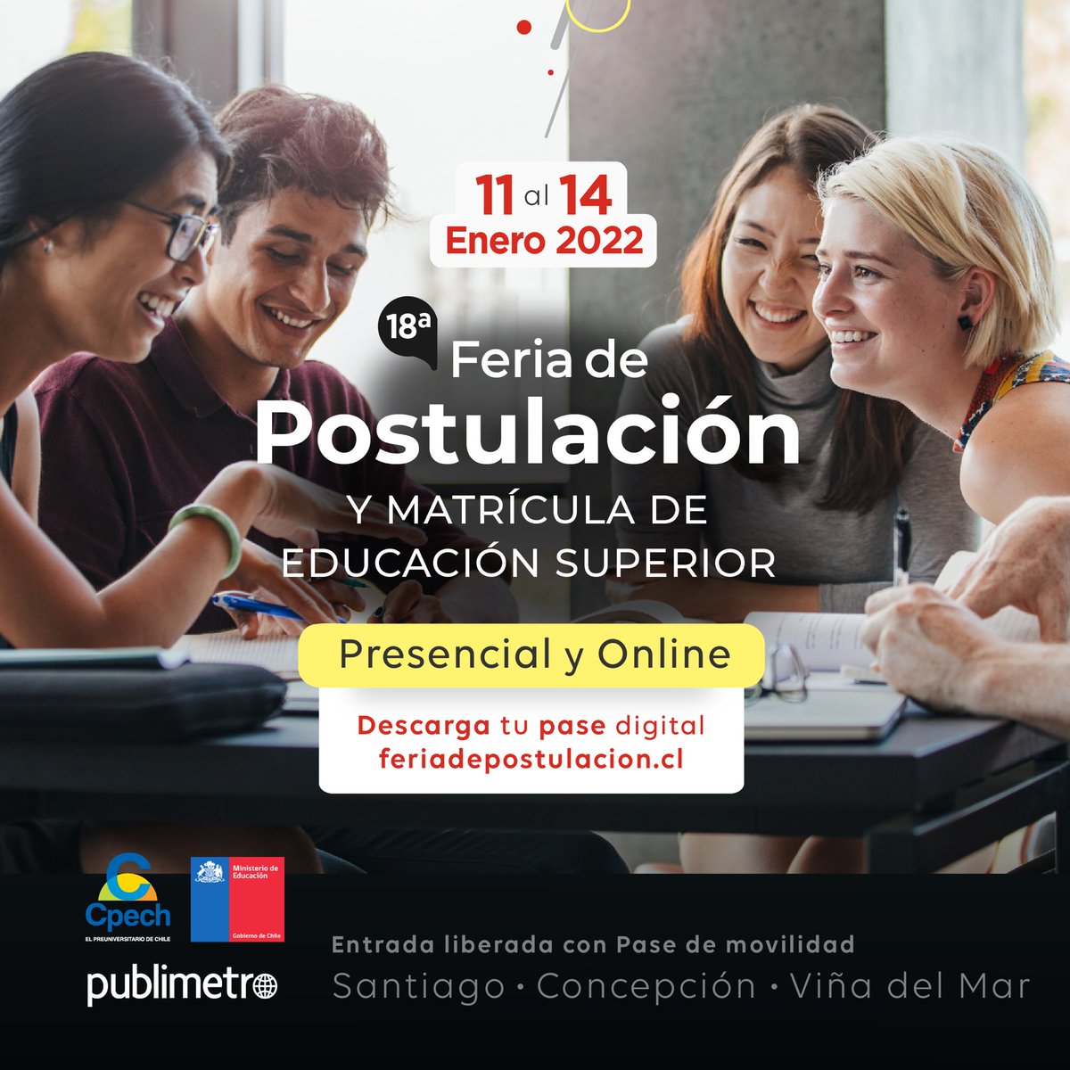 Descarga tu pase digital para asistir a la Feria de Postulación  feriadelapostulacion.cl/presencial/pas…
🗓️ Desde el 11 al 14 de enero 2022 en Santiago, Viña y Concepción <a href="/Mineduc/">Ministerio de Educación</a> <a href="/CpechOnline/">Cpech Online</a> 
#feriadepostulacion #PTU #resultadosptu #mineduc #educacionsuperior