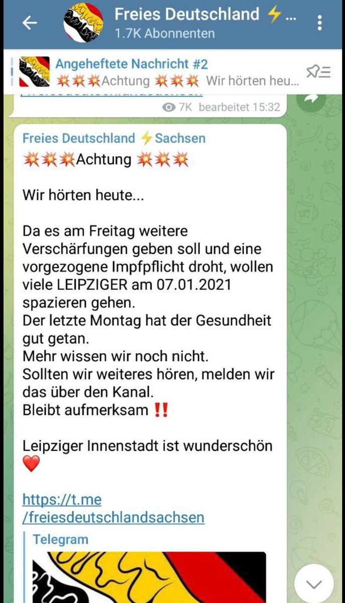 Die Telegramgruppe 'Freies Deutschland' ruft für morgen zu einem #schwurbler  Spaziergang auf! 

Lassen wir das nicht unbeantwortet! 

#le0701