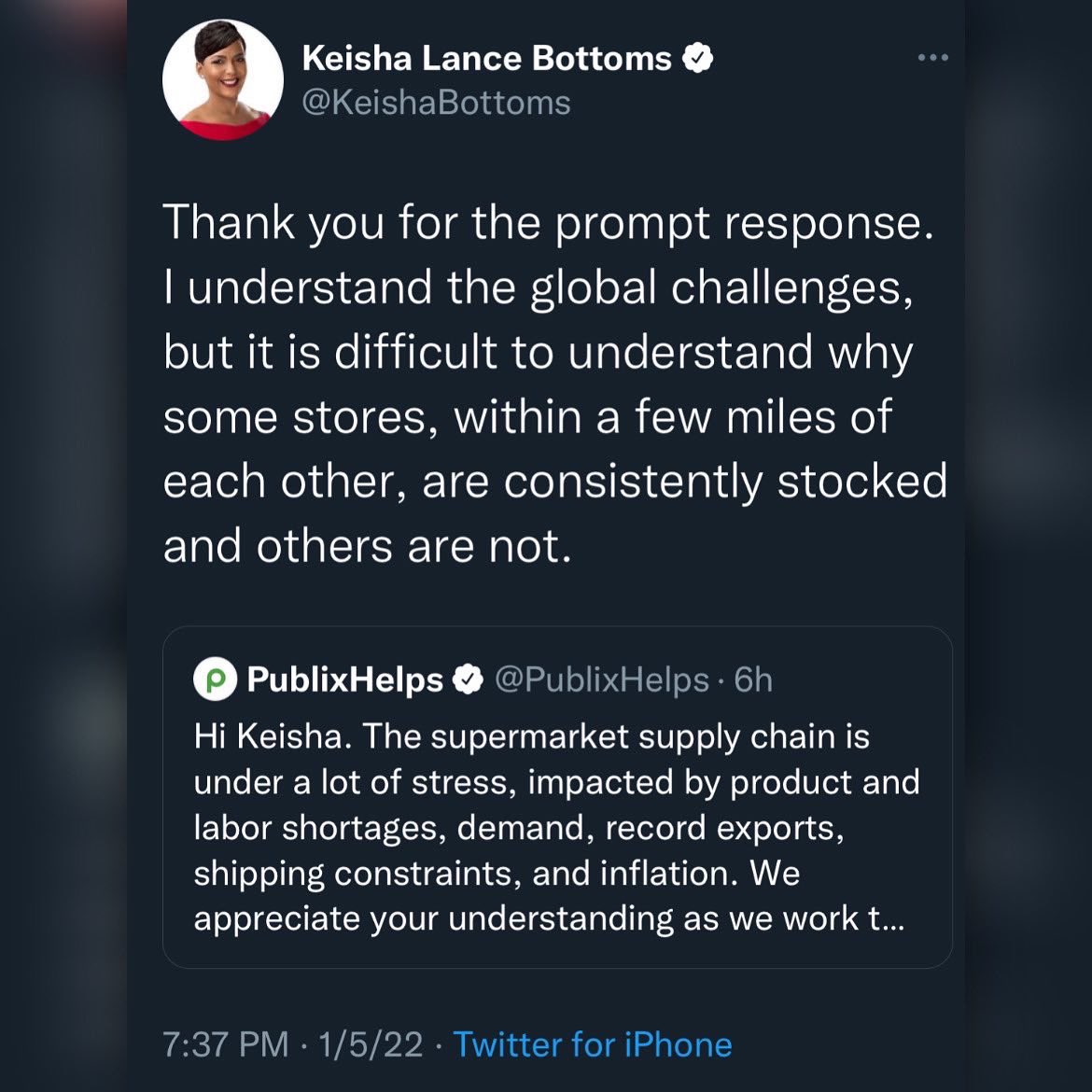 ATLUncensored's tweet photo. Former Atlanta Mayor Keisha Lance Bottoms complains the @Publix in SW Atlanta have had empty shelves for months, while locations in the Buckhead and Vinings area are always stocked. Publix then responds. Thoughts? 👀 https://t.co/icdgKj78fh