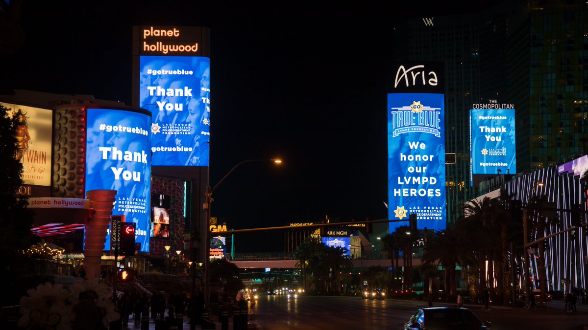 The LVMPD Foundation looks forward to illuminating marquees &amp; custom lights in blue across the city as we show our support of law enforcement. This activation is scheduled for today from 9:25 am to 9:30 am &amp; from 6:25 pm to 6:30 pm. Tag us as you #GoTrueBlue today 💙