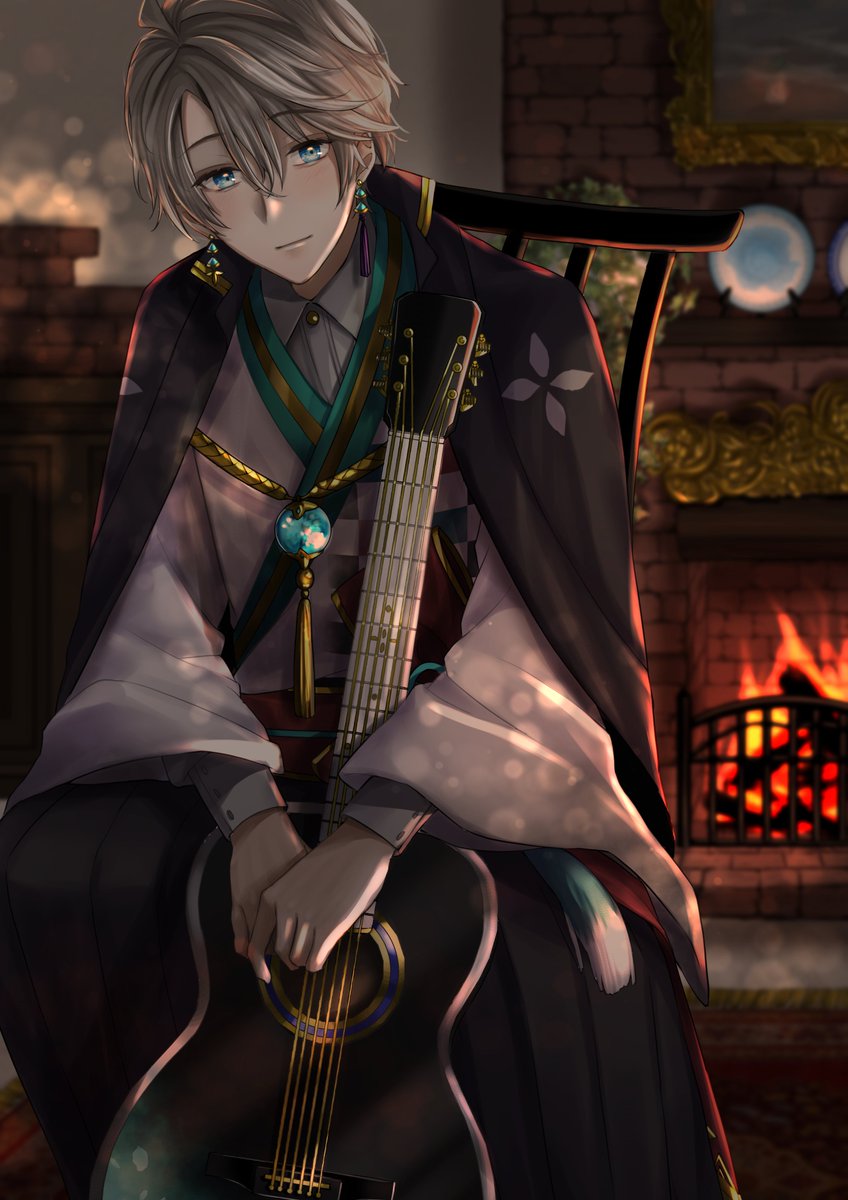 instrument 1boy solo male focus sitting fireplace jewelry  illustration images
