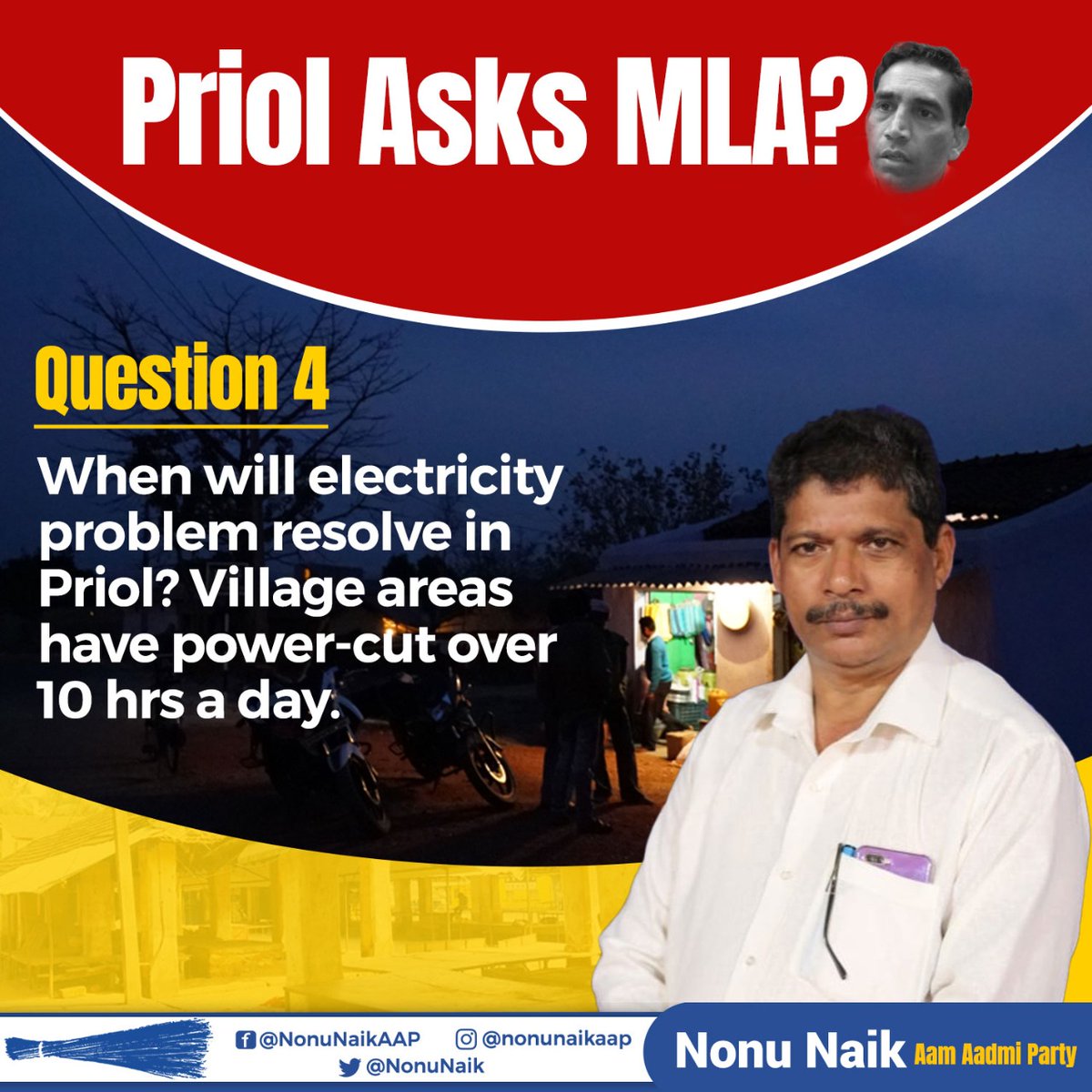 NonuNaik's tweet photo. When will the electricity problem resolve in Priol? Village areas have power-cut over 10 hrs. a day. #PriolAsksMLA #Nonu4Priol #AAP4Goa https://t.co/2TDxnF0ZG2