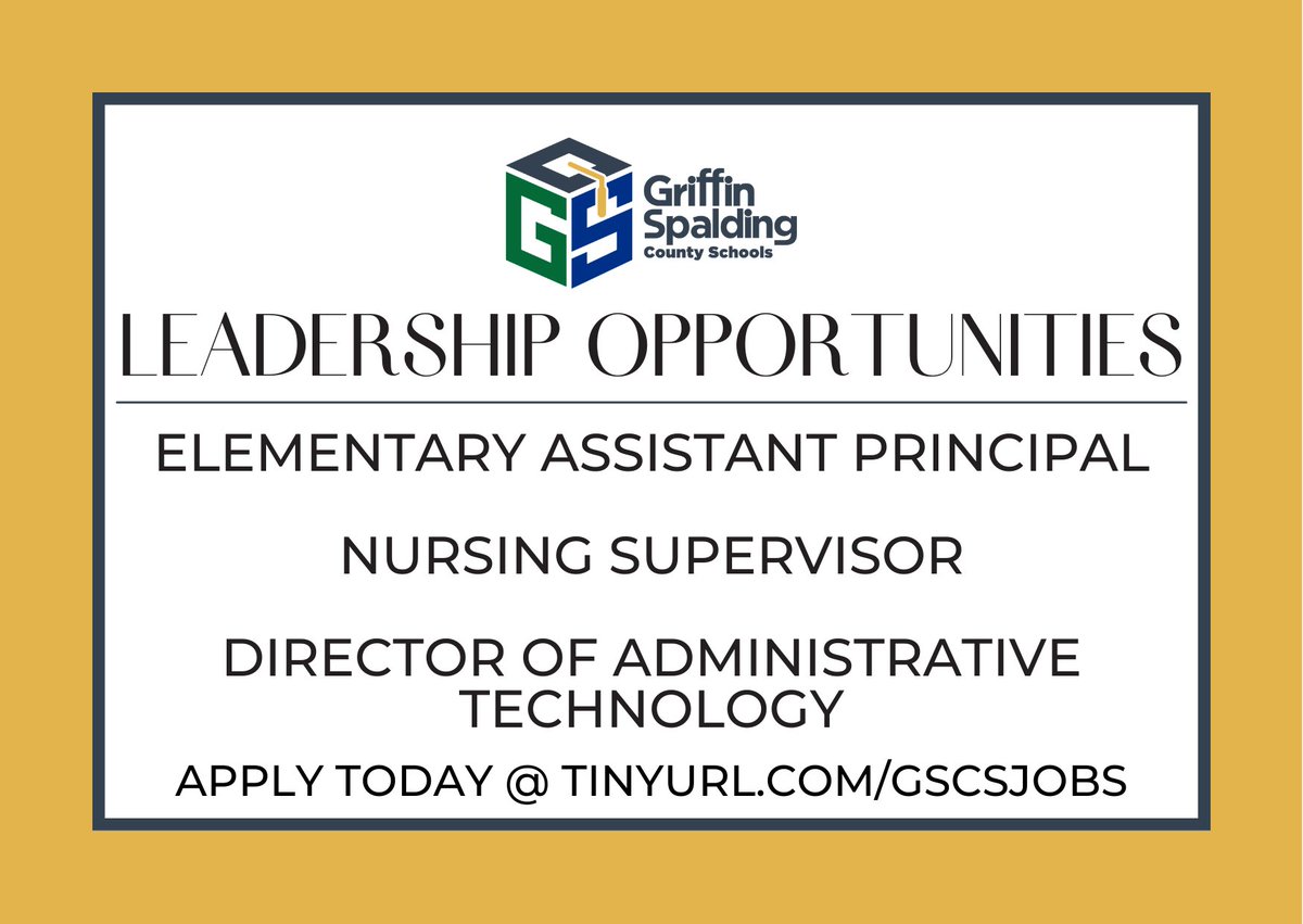 <a href="/GriffinSpalding/">Griffin-Spalding K12</a> is looking for talented leaders to fill these open leadership positions! If that is you, apply today my clicking Tinyurl.com/GSCSJobs! #ComeGrowinGriffin #GriffinGreatSpaldingStrong Set the #PACE