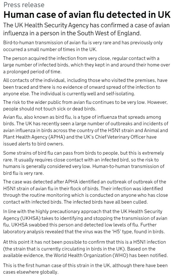 BNOFeed's tweet image. UK reports rare case of bird-to-human transmission of H5 bird flu