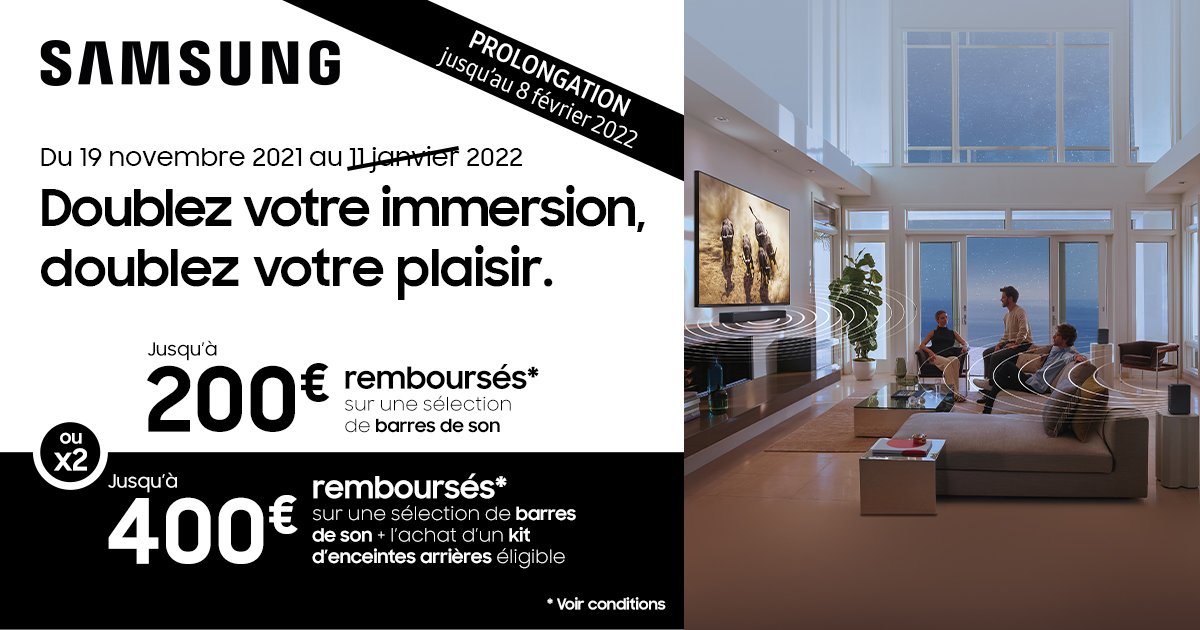 Jusqu’au 08/02, <a href="/SamsungFR/">Samsung FR</a> vous rembourse jusqu’à 200€ sur une sélection de barres de son ou jusqu’à 400€ avec l’achat simultané d’un kit d’enceintes arrières.
N’attendez plus pour découvrir cette offre 👉 bit.ly/OffreSamsung-_
