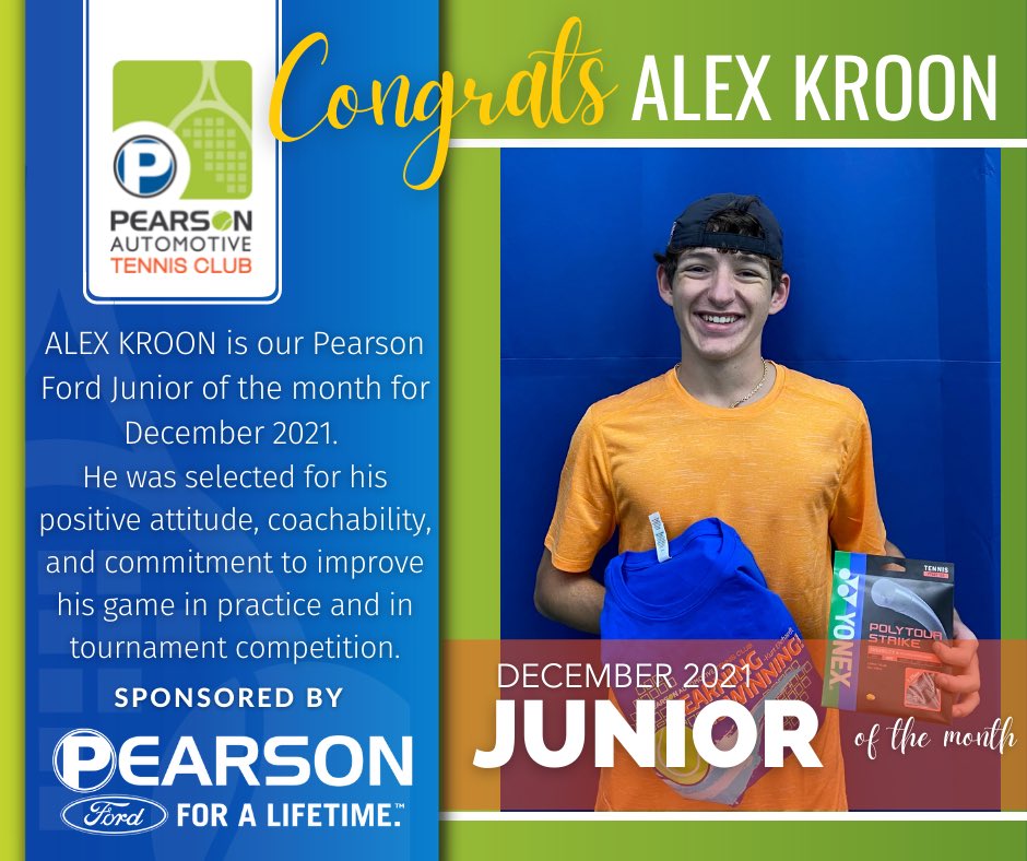 PearsonTennis's tweet photo. Congratulations to our December Pearson Ford Junior of the Month, Alex Kroon.
Alex has dedicated himself to improvement and worked his way into our HP2 section.
We are very proud of Alex on the court and for being an even better guy off the court!
#PearsonFord #JunioroftheMonth https://t.co/ul9TwJXHFl