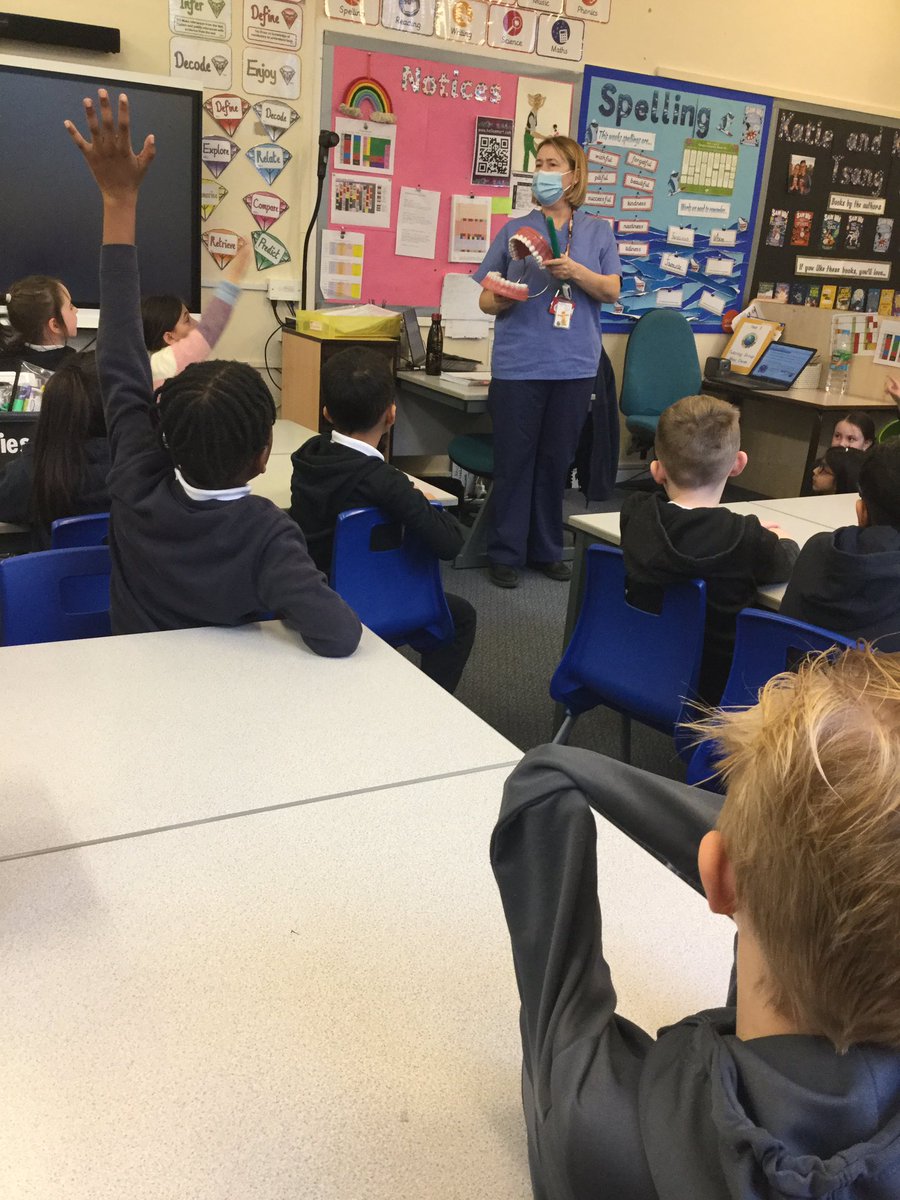 PindersPrimary's tweet photo. Our school nurse has been in to speak to Year 3 about dental hygiene. We were taught how to clean our teeth properly, how to ensure our toothbrush is in the best condition and what foods are good and bad for our teeth #pprshe #ppyear3 https://t.co/sMwt7pEyHM