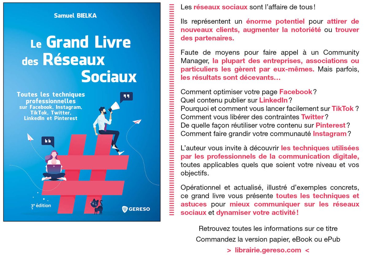 #Nouveauté 2/2
Samuel Bielka vous présente toutes les techniques et astuces professionnelles pour mieux communiquer sur les #réseauxsociaux et dynamiser votre activité ! 😃
➡️ bit.ly/3n4g5Gp 📚
<a href="/SamuelBielka/">Samuel Bielka</a> #facebook #twitter #tiktok #linkedin #pinterest #instagram