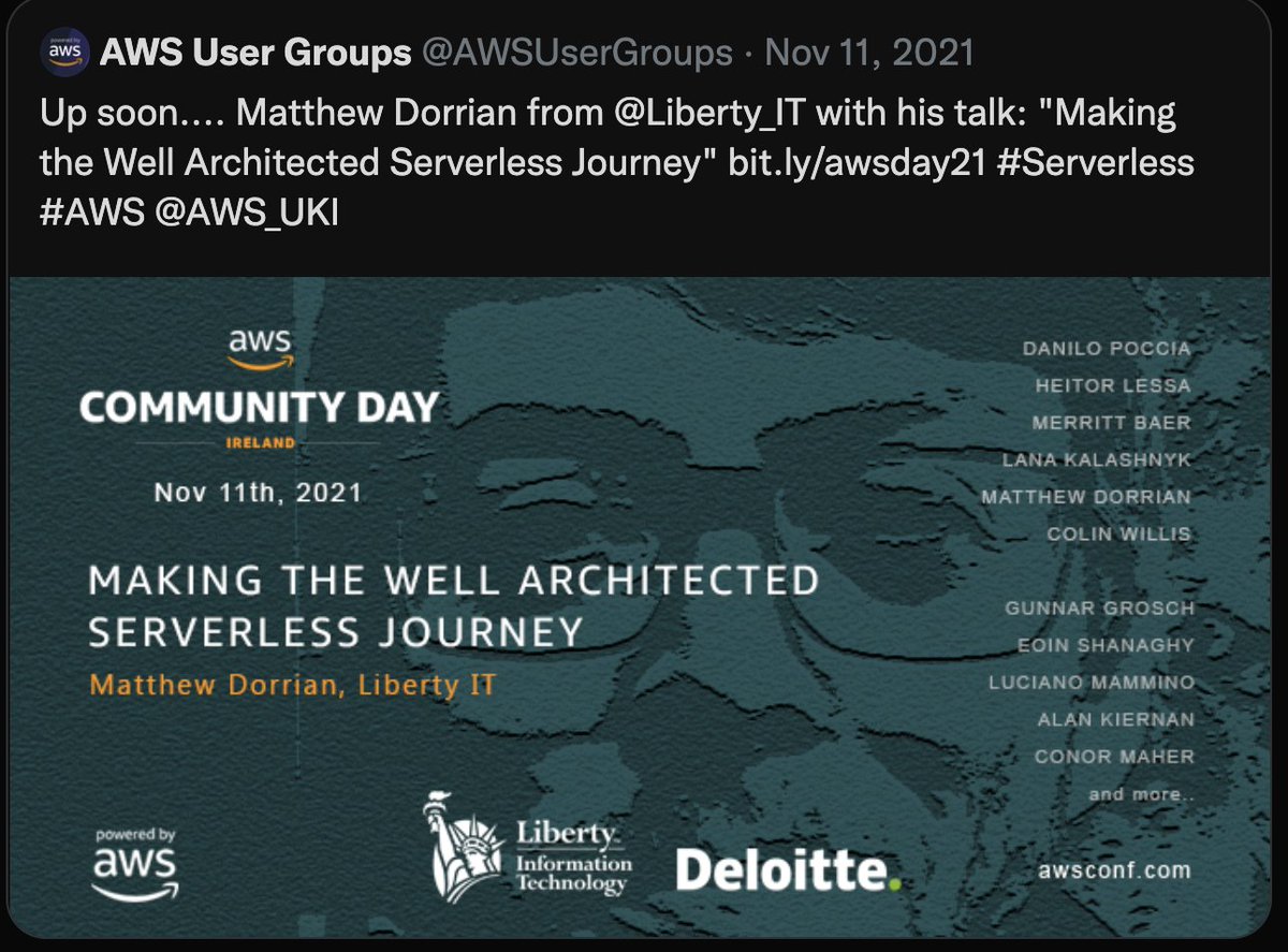 After a successful year chatting at AWS events in Boston and Ireland and promoting Well Architected at <a href="/Liberty_IT/">Liberty IT</a>/<a href="/WorkAtLiberty/">Liberty Mutual Jobs</a>, I am delighted that my AWS Community Builders program membership has been renewed for a second year. Thanks <a href="/jasondunn/">Not coming back here, join Threads | Jason Dunn</a>  #serverless #wellarchitected