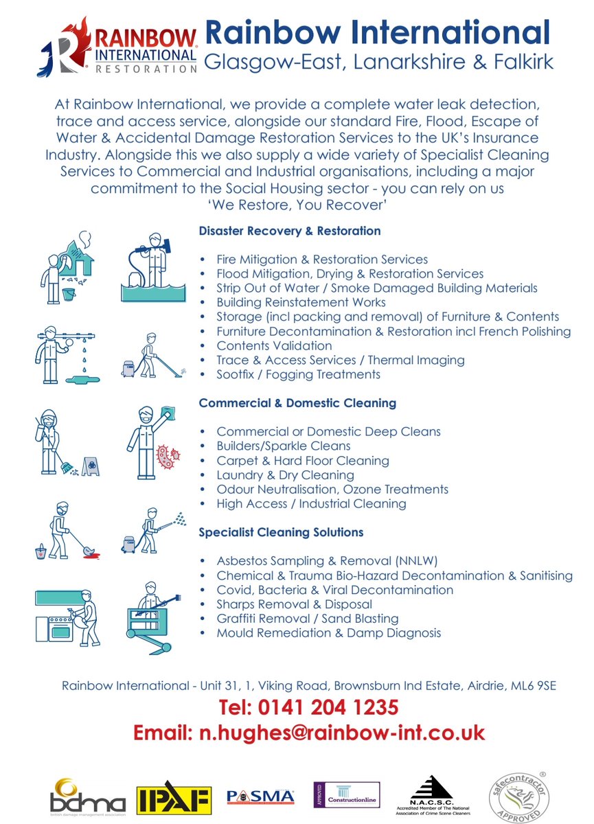 RainbowGlasgowE's tweet photo. At Rainbow International, we provide a wide range of services.
Take a look at our list of services we offer including: Disaster recovery &amp; restoration, commercial &amp; domestic cleaning, specialist cleaning &amp; ACM sampling and many, many more.
 
#werestoreyourecover #fireflood 🌈👌 https://t.co/QFUPNPHSWm