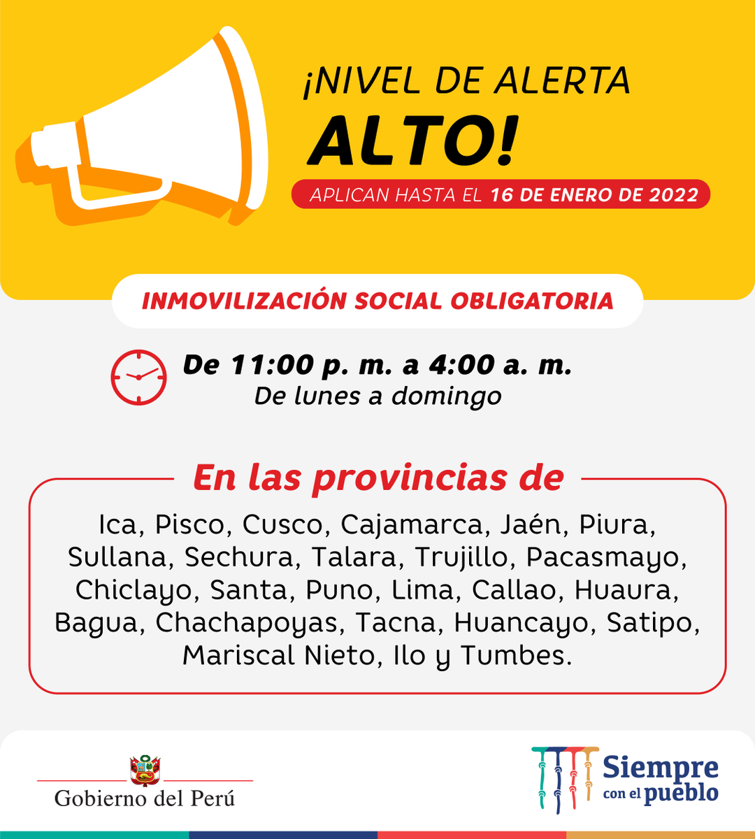 pcmperu's tweet photo. 📢 Nivel de Alerta Alto

☝️ Estas medidas entra en vigencia desde mañana 7 de enero. https://t.co/76S2eh8eJ2