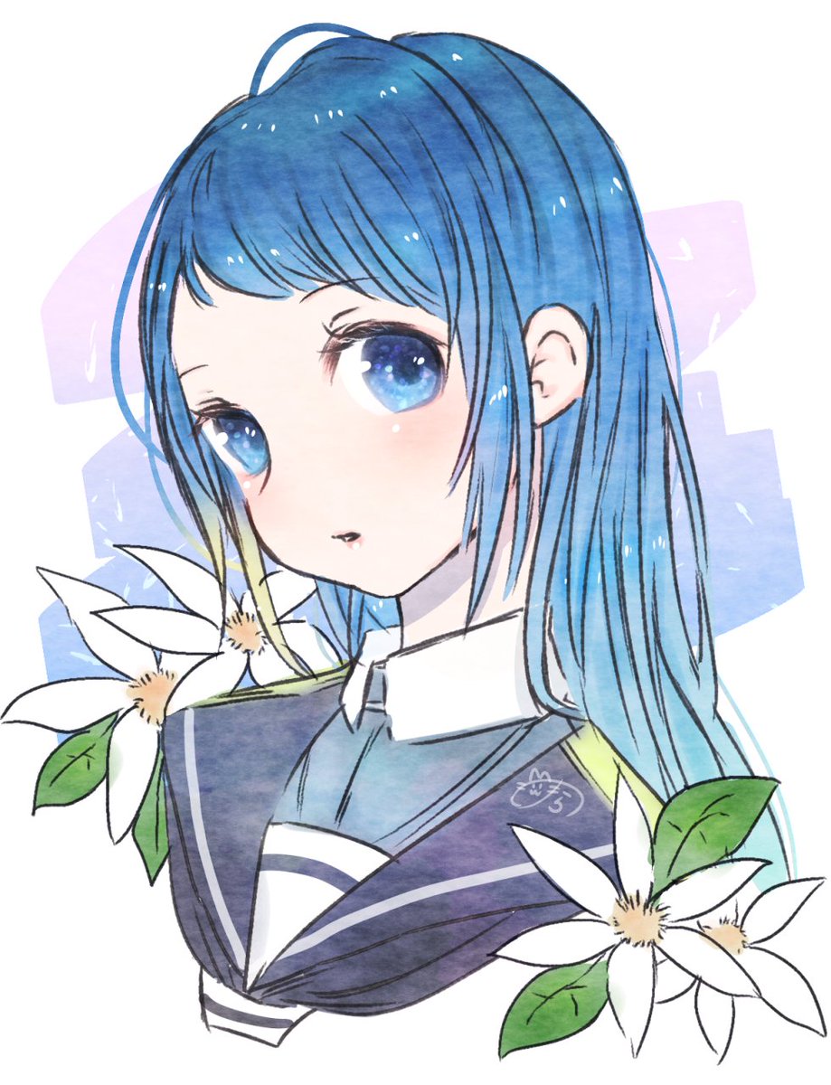 samidare (kancolle) 1girl long hair blue eyes solo blue hair flower sailor collar  illustration images