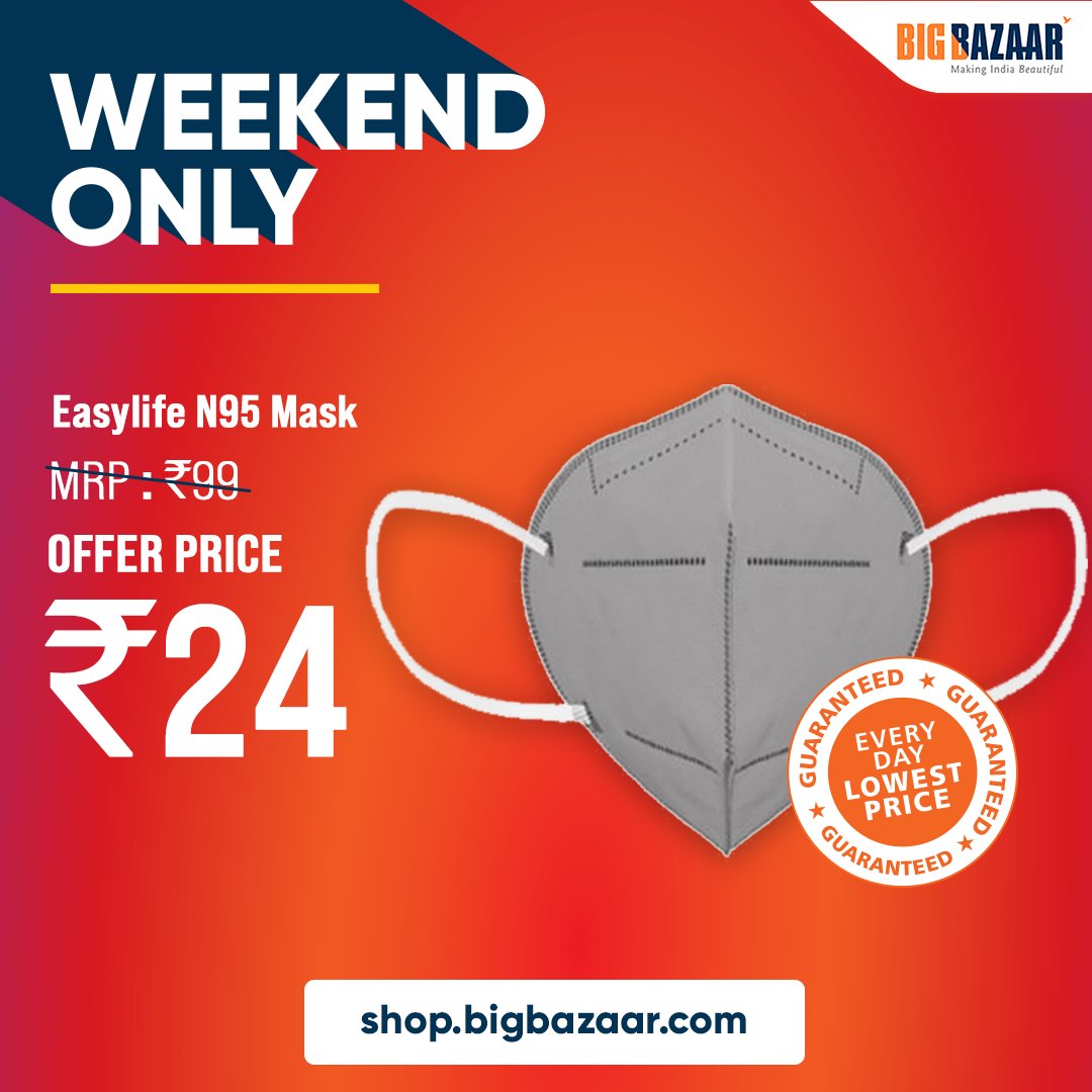 BigBazaar's tweet photo. #WeekendOnly deals! Get N-95 Mask at ₹24 only at Big Bazaar online. Order now &amp; get Home Delivery in 2 Hours. Click https://t.co/mSkAUpyCt0 https://t.co/ktcAtE9tac