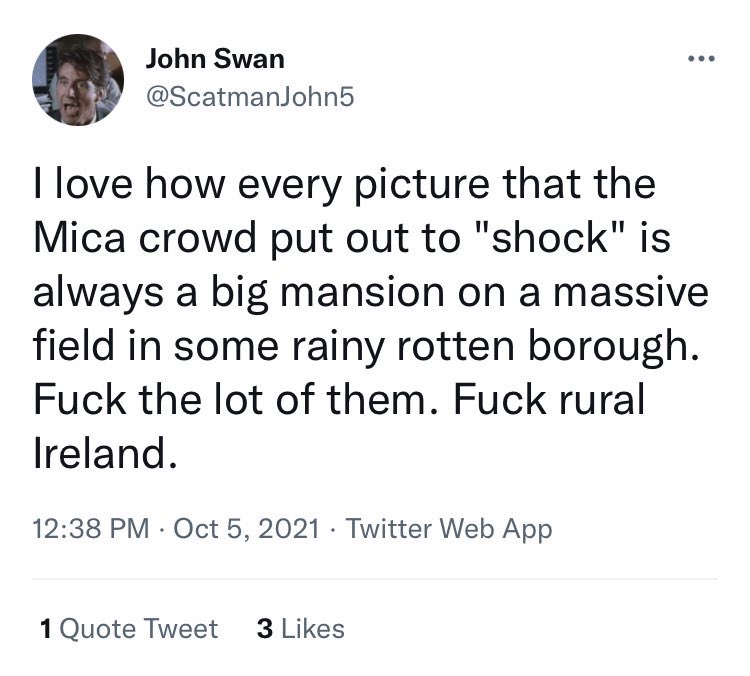 Perhaps the most vile FG troll of all is @scatmanjohn5. A common theme among FG trolls is the dehumanisation of families affected by Mica. In this case there is also a threat of violence against @paddydiver4 - it’s sick

But who is this FG troll? For 200 retweets I’ll reveal all