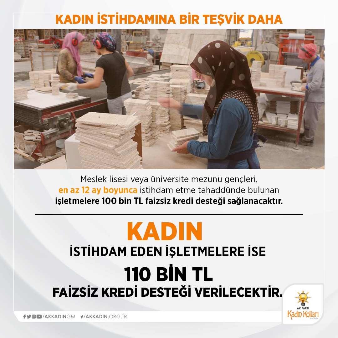 AKKADINGM's tweet photo. 🔊 AK Parti’den kadın istihdamına bir teşvik daha!

Genel Başkanımız, Cumhurbaşkanımız Sayın @RTErdogan müjdeledi.  

Kadın istihdam eden işletmelere 110 BİN TL faizsiz kredi desteği verilecek.

 #KadınlarlaBüyükTürkiyeYolunda https://t.co/dA2JvFQOzw