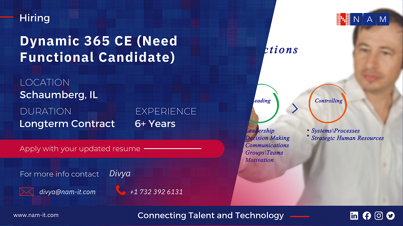 NAMINFO's tweet image. Hiring: #Dynamic365CE 
Loc: Remote/Schaumberg, IL
Dur: Long Term
Exp: 6+ Yrs

- Need strong functional knowledge on Field service
- Hands on as #Functionalanalyst
- Gather requirements &amp;amp; translate it for developers and QA team
#dynamics365 #dynamicsjobs #illinoisjobs #remotejobs