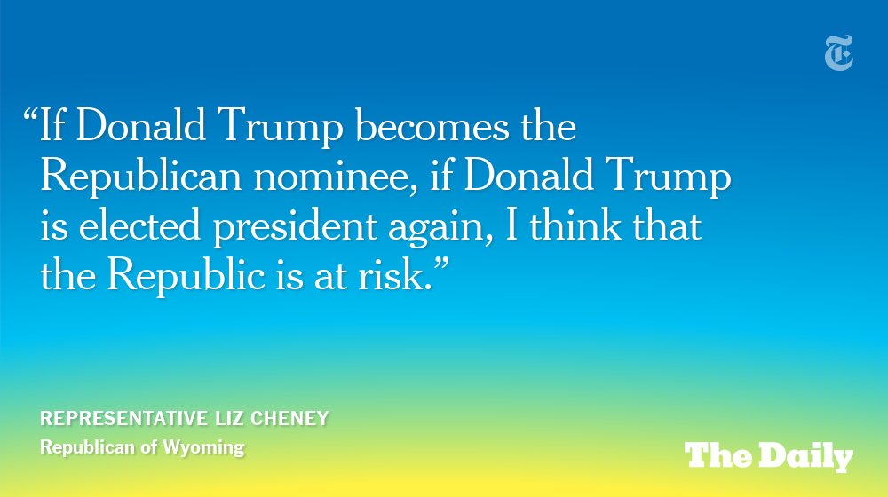 nytimes's tweet photo. Rep. Liz Cheney tells The Daily that the Republican Party and the country are at risk if her colleagues remain loyal to Donald Trump and "the Big Lie" for political reasons. Listen to our interview with Cheney a year after the Jan. 6 Capitol riot. https://t.co/5mJyvuEm7E https://t.co/rV0DJUaort