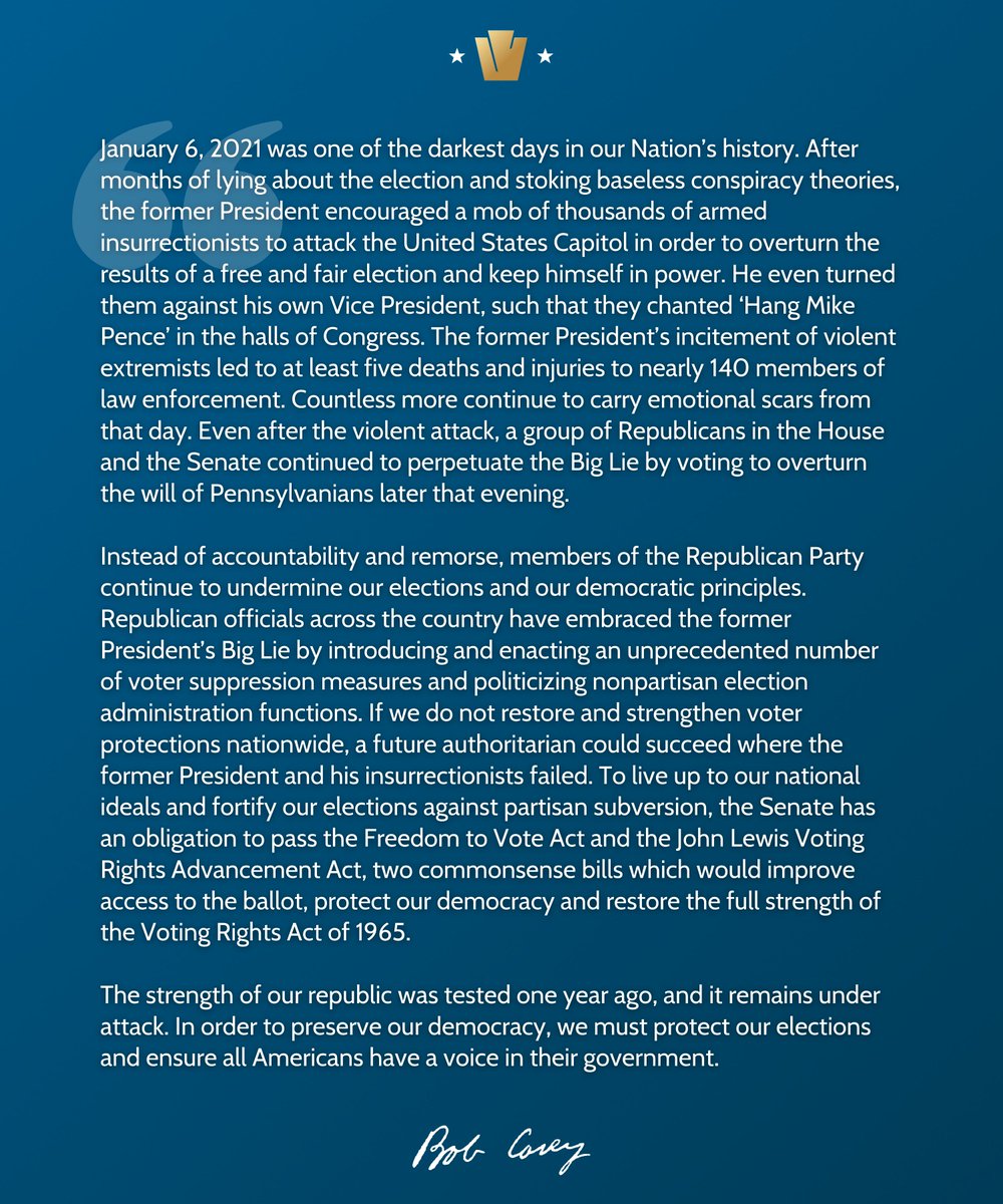 SenBobCasey's tweet photo. My statement on the anniversary of the January 6 insurrection: https://t.co/PlKxUfI35u