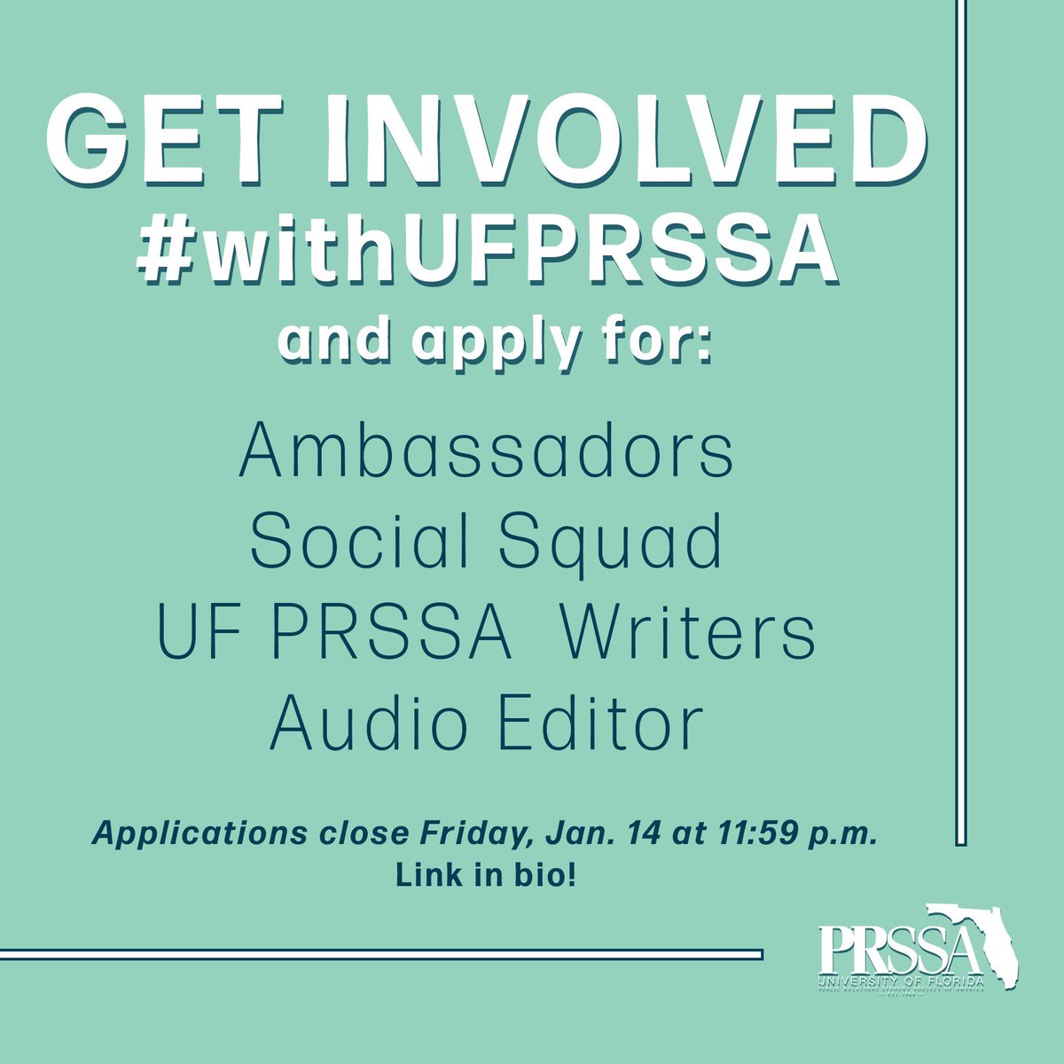 Is one of your New Year's resolutions to get more involved? Here's the perfect opportunity to get more involved #withUFPRSSA: Apply for our ambassadors, Social Squad, UF PRSSA Writers and/or audio editor! Link in the bio to apply and learn more about each opportunity! 📲✨