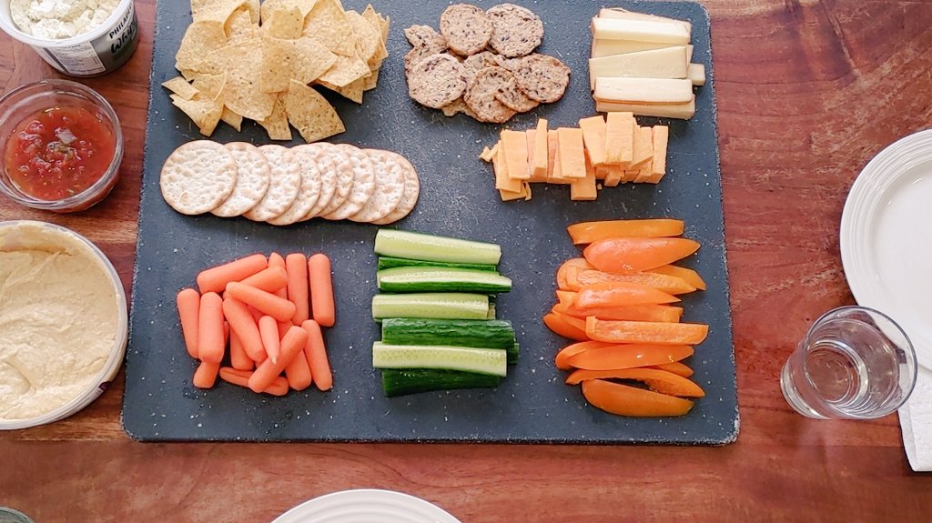 Working fr home/online school lunch idea: kiddie charcuterie board. Throw what fruit/veg, crackers, and protein you have on lrg board and let them eat whatever they want. Kids LOVE this + easy/quick for parents.