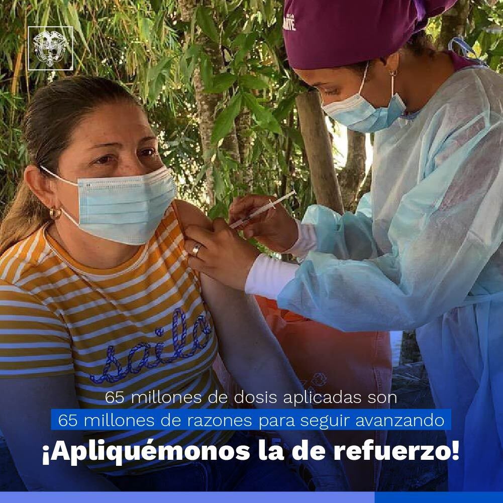 Los colombianos le siguen poniendo el brazo a la vacuna, cumpliendo el deber moral de protegerse y proteger a sus seres queridos. Llegamos a 65,2 millones de dosis suministradas, 28,6 millones de esquemas completos y seguimos avanzando en la aplicación de las dosis de refuerzo.