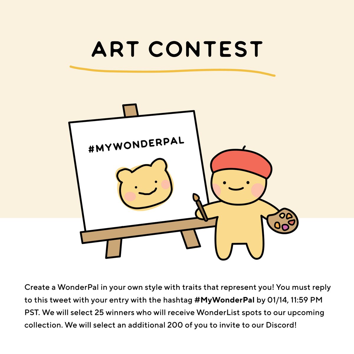 ⭐ WonderPals Art Contest! ⭐ We’re giving away 25 WonderList spots & 200 Discord invites! Details are in the image below. Contest rules: 1. Follow @wonderpals 2. Like & RT this post 3. Reply with your art using the hashtag #MyWonderPal 4. Include your Discord username