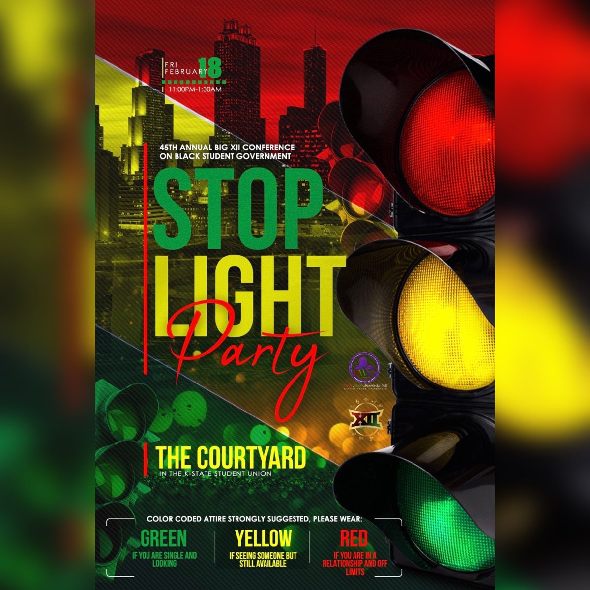 The Friday night party theme is Stoplight!

Single? Wear Green 🟢
It’s complicated? Wear Yellow 🟡
Taken? Wear Red 🛑

We can’t wait to see you there!