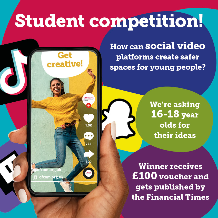 🚨Opportunity alert! 🚨 

We're asking students what video-sharing platforms can do to help them live safer lives online.  

Competition closes on 30 January, apply here! ⬇️ @ft4s 
ofcom.in/vspcomp