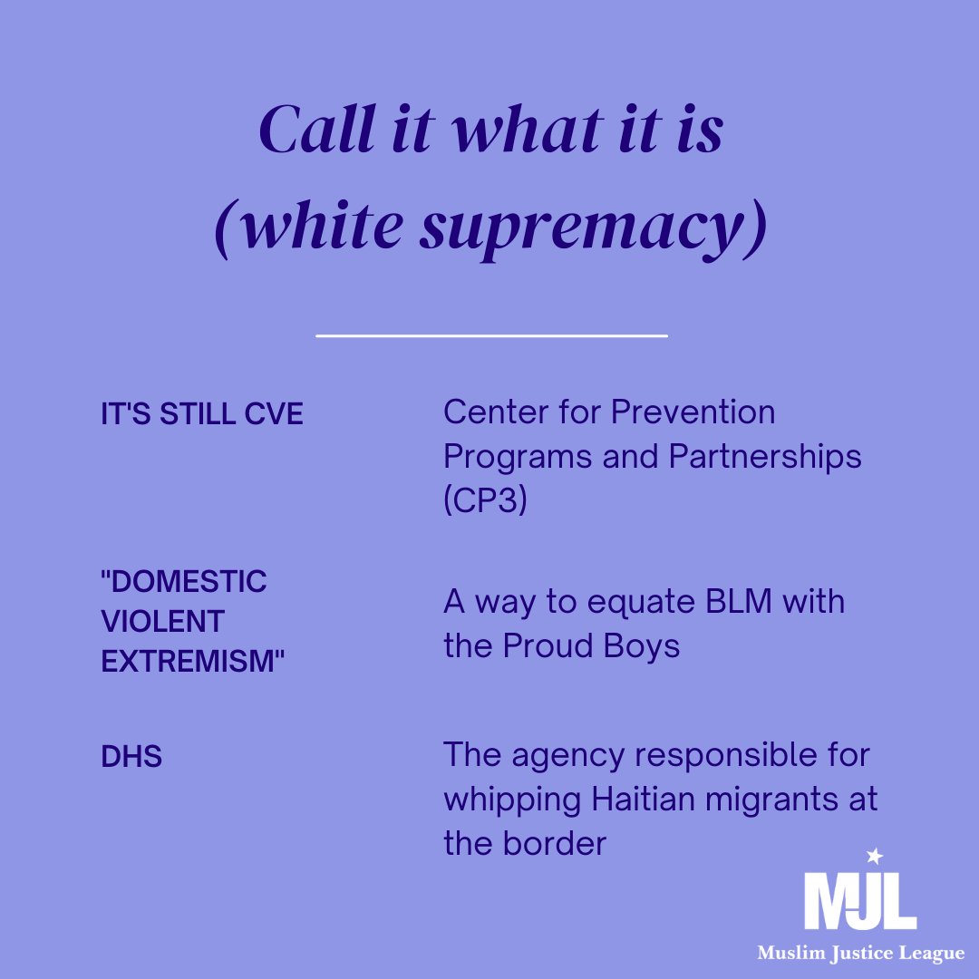 MuslimJustice's tweet image. In response to #January6th, Biden is increasing policing &amp;amp; surveillance instead of really addressing white supremacy. There's no equal opportunity surveillance, expanding DHS &amp;amp; DOJ will expand white supremacist violence. 

CVE cannot be rebranded. #StopCVE
bit.ly/CVE-WhiteSupre…