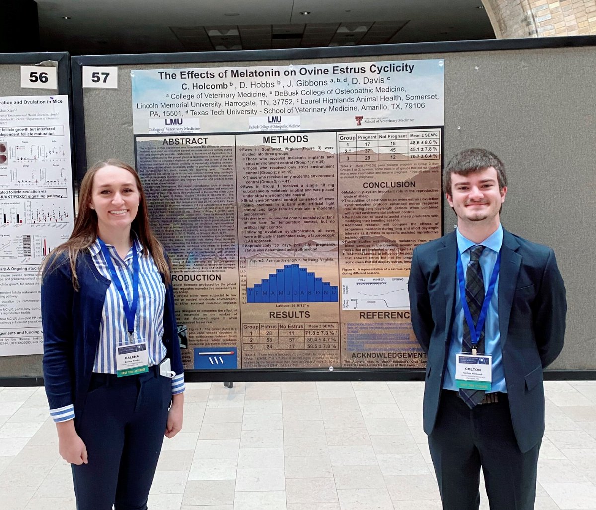 LMU_CVM's tweet photo. Two LMU-CVM students recently attended the SSR reproduction-based research conference in St. Louis. Third-year students Dalena Hobbs and Colton Holcomb presented their research, “The Effects of Melatonin on Ovine Estrous Cyclicity.” #lmucvm #lmuvetmed #movingvetmedforward https://t.co/AQtVF2vOIC