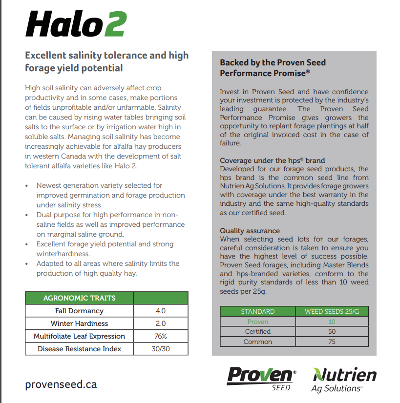 NutrienAg_SAB's tweet photo. Salinity creeping into your forage fields?
 
Halo2 from @ProvenSeed is an saline tolerant, tap rooted alfalfa with strong winter hardiness, &amp; an excellent option to maximize ROI on marginal acres across your operation. Contact your local retail for more info #westcdnag #DriveROI https://t.co/mdjbJ1C5pm