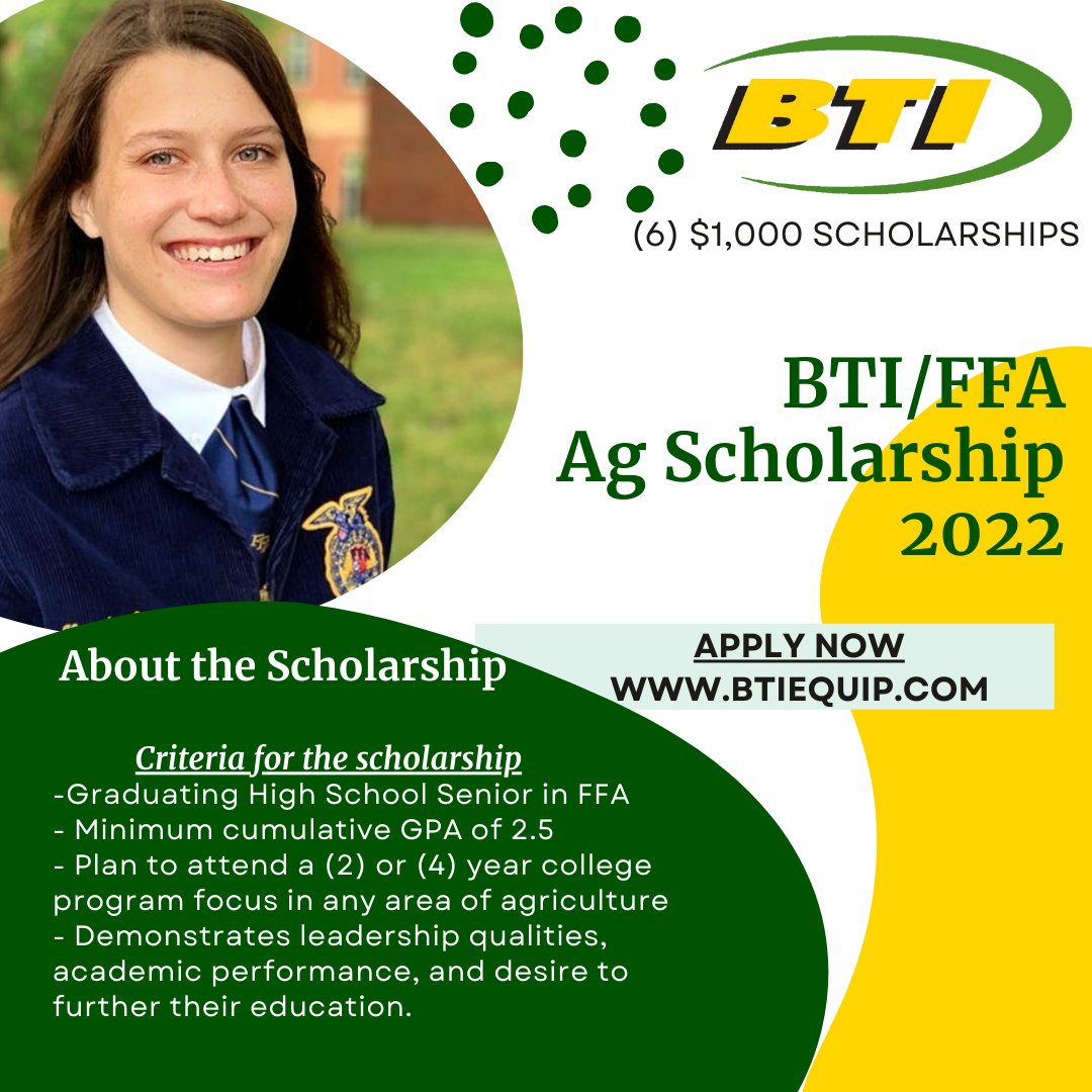 🎓 🌱Calling Class of 2022, we have a scholarship opportunity for you! 🐂🎓

To apply and more information see the link below:
btiequip.com/--scholarship