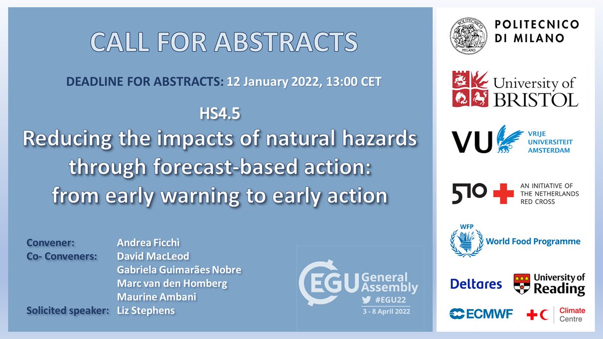 andrea_ficchi's tweet photo. Are you working on #impact-based #forecasting &amp; #ForecastBasedAction? Then submit your abstract to #EGU22 @EGU_HS HS4.5 &amp; join us to discuss how to better move from #EarlyWarning to #EarlyAction to reduce the impacts of #natural #hazards. Abstract deadline: 12 Jan. 6 days to go! https://t.co/BjnR9GKP3K