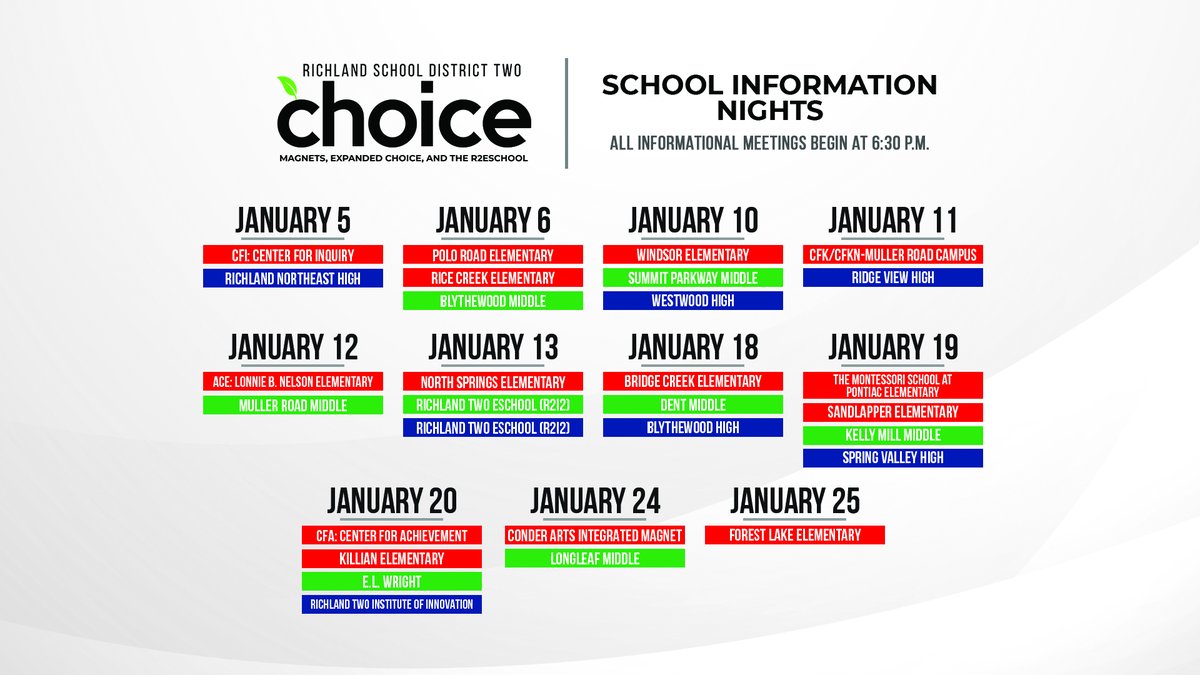 CHOICE SCHOOL INFORMATION NIGHTS! All meetings are in-person and begin at 6:30 p.m.
#R2Choice