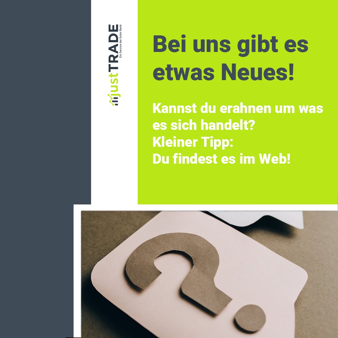 DeJusttrade's tweet image. News bei justTRADE
 
Seit heute gibt es eine neue Funktion bei justTRADE. Kannst du erraten was es ist?
Auflösung folgt morgen!
Kleiner Tipp: Du findest es in deinem Webtrading und in Kürze auch in der App!
 
Folge um nichts zu verpassen!

#justTRADE #justEASY #news #trading
