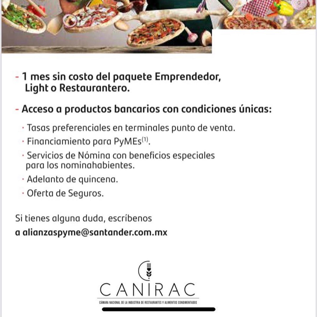 A través de la alianza entre Santander y la CANIRAC diseñamos productos especiales con condiciones preferentes para los restauranteros de la Cámara, con beneficios en tasas y comisiones, así como productos innovadores y muy sencillos en su contratación y operación.

<a href="/chefbeza2/">@chefbeza_</a>