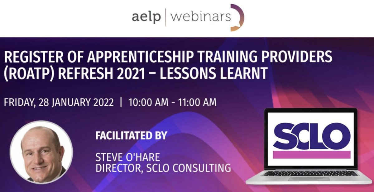 SCLOCon's tweet photo. 🎙️ WEBINAR - RoATP REFRESH

📆 Fri 28 Jan, 2022
⏰ 10-11am.

Join me for a @AELPUK webinar which supports providers who are yet to re-apply, in their understanding of the #RoATP process and point out pitfalls that have been identified, to date.

Register: https://t.co/Gckipp2yzS https://t.co/uGQAn0T0uz