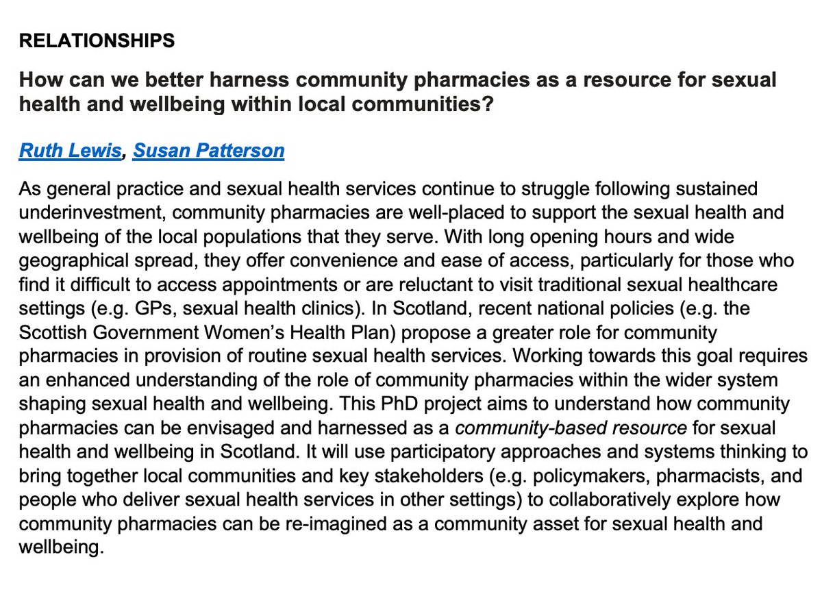 📢 FUNDED #PhD #studentship in <a href="/SPHSU_SocRels/">SPHSU SocRels</a> - please RT!

Interested in #communitypharmacy as a setting for #sexualhealth care? Want to develop skills in #participatoryresearch &amp; #coproduction? 

Informal enquiries welcomed.

For more info, and to apply: gla.ac.uk/researchinstit…