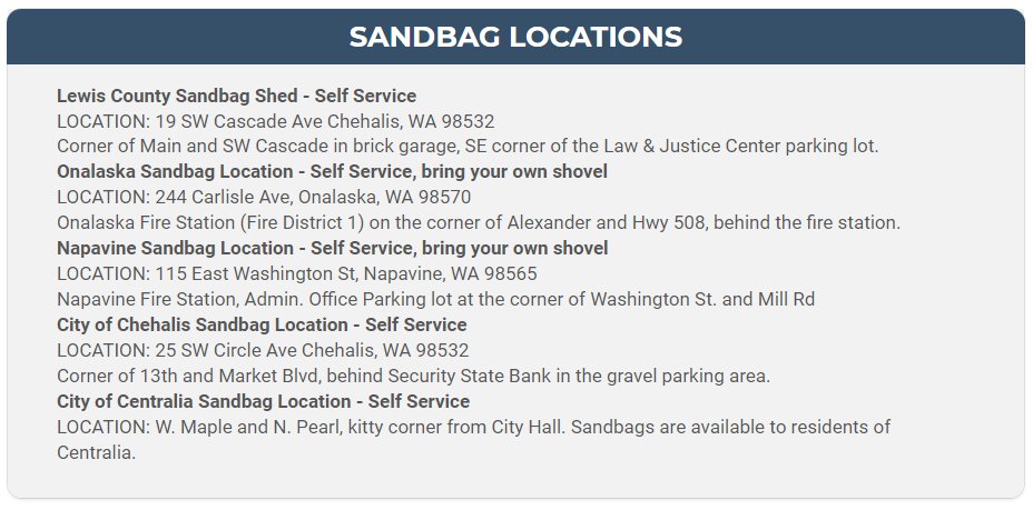 Lewis County sandbagging locations below. Please visit our website for frequent updates and alerts. lewiscountywa.gov/departments/em…
#lewiscounty #lewiscountyflood
