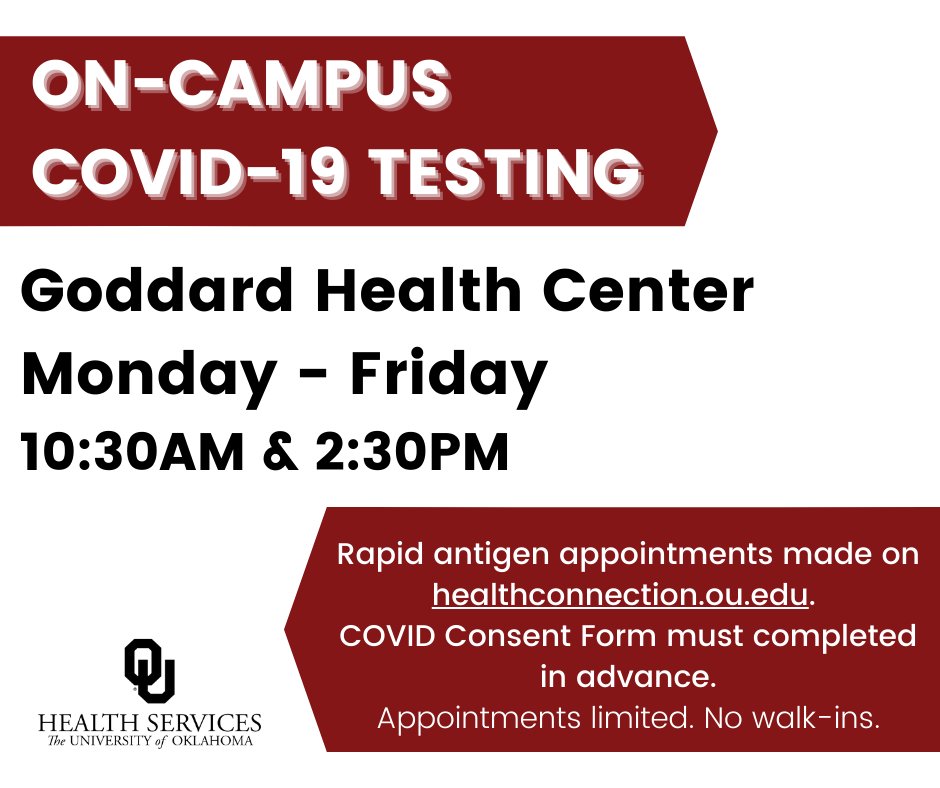 We have rapid antigen test appointments M-F at 10:30A and 2:30P. Sign up on healthconnection.ou.edu

Please complete the COVID Consent Form on HealthConnection before arriving. <a href="/UofOklahoma/">University of Oklahoma</a>