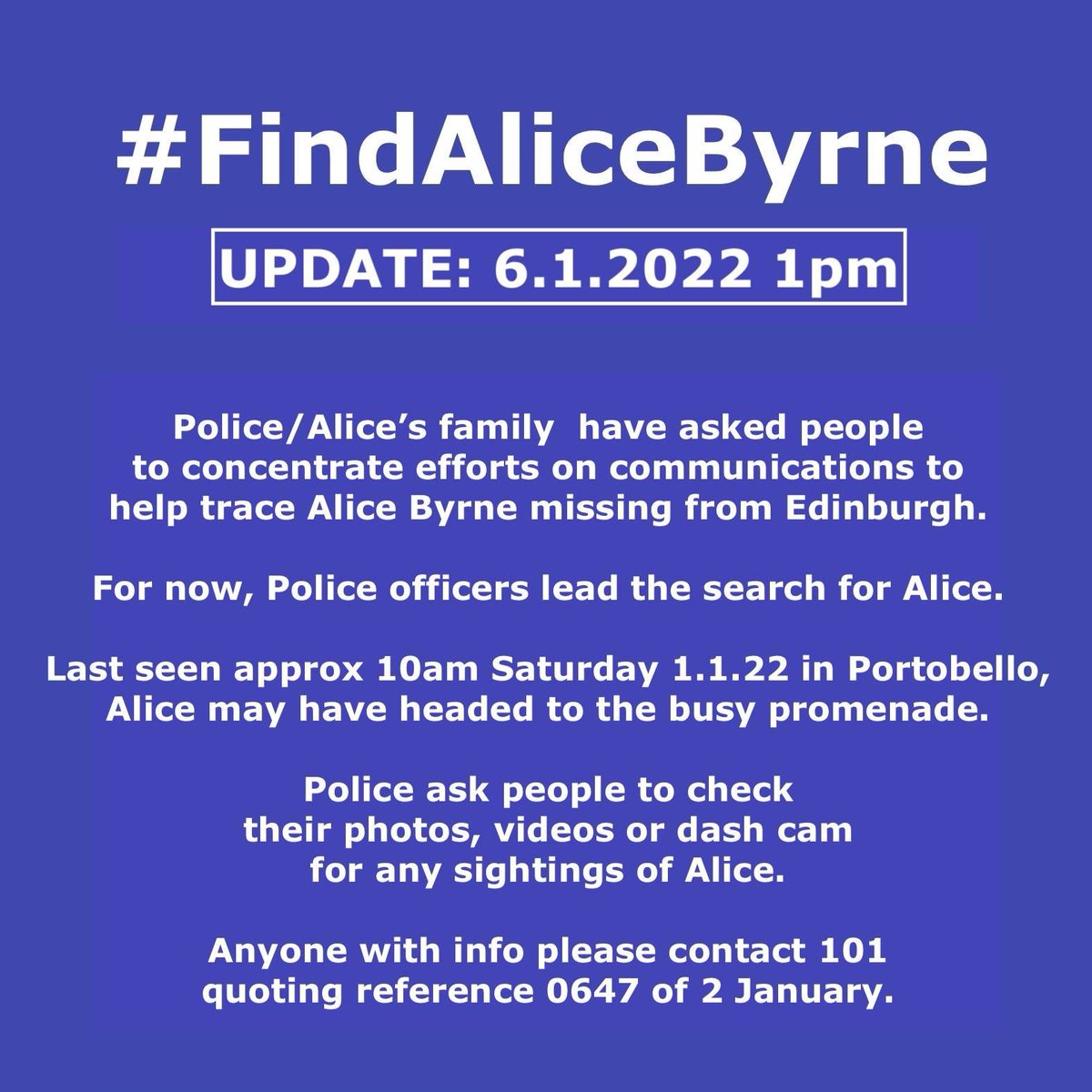 Anything could be important, please contact the numbers below if you have any information regarding the whereabouts of Alice.

Any new information will also be posted on the Facebook page below.

#FindAliceByrne #MissingPersons #Edinburgh #Portobello 

facebook.com/groups/1572335…